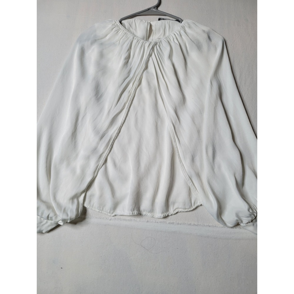 Zara White Draped Crossover Blouse Long Sleeve Gathered Neck Top Size M 2114